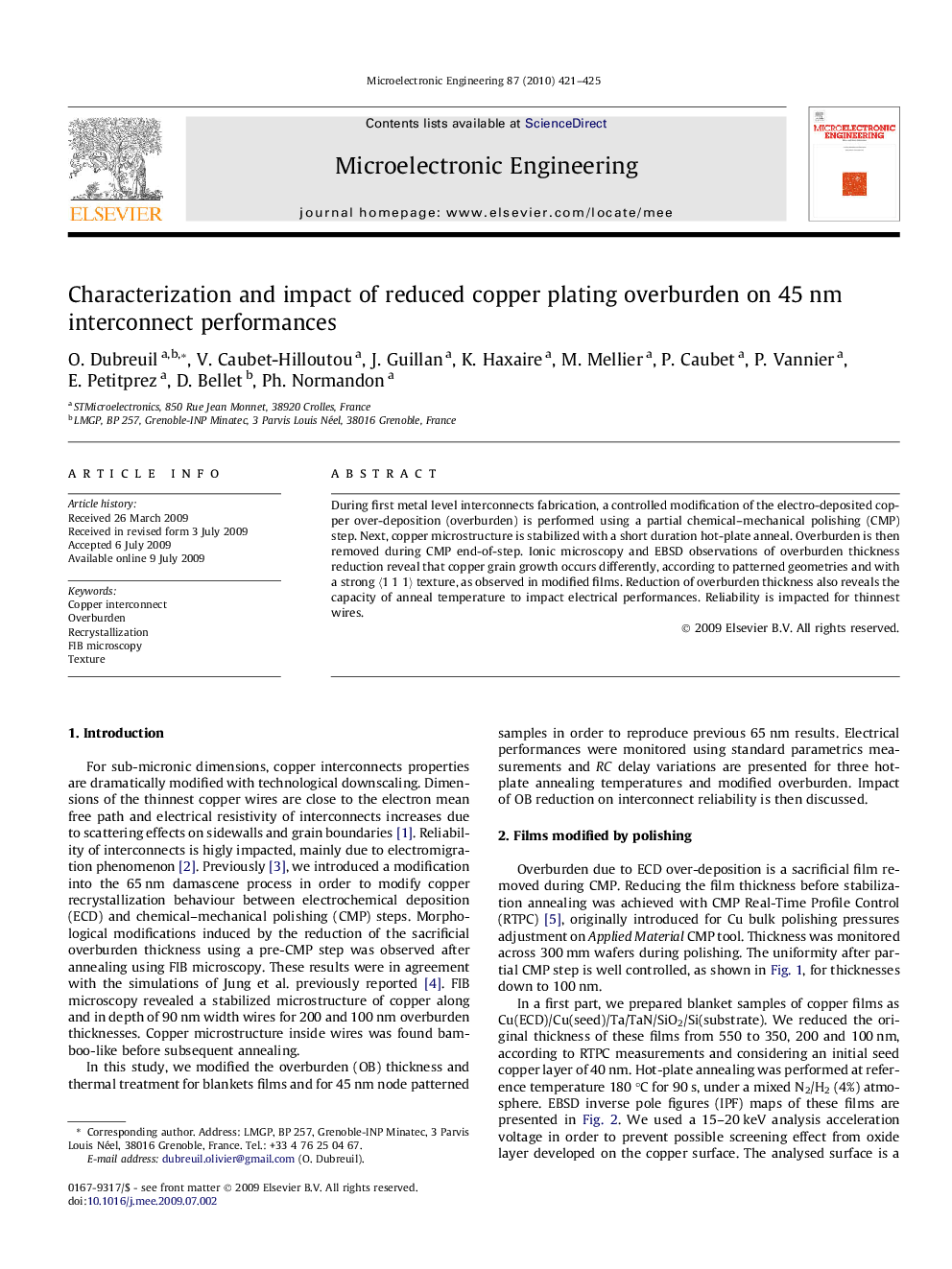 Characterization and impact of reduced copper plating overburden on 45 nm interconnect performances