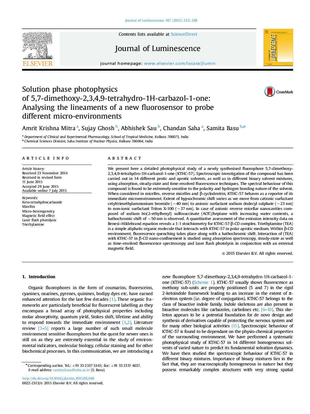 عکس صفحه اول مقاله: Solution phase photophysics of 5,7-dimethoxy-2,3,4,9-tetrahydro-1H-carbazol-1-one: Analysing the lineaments of a new fluorosensor to probe different micro-environments Solution phase photophysics of 5,7-dimethoxy-2,3,4,9-tetrahydro-1H-carbazol-1-one: Analysing the lineaments of a new fluorosensor to probe different micro-environments