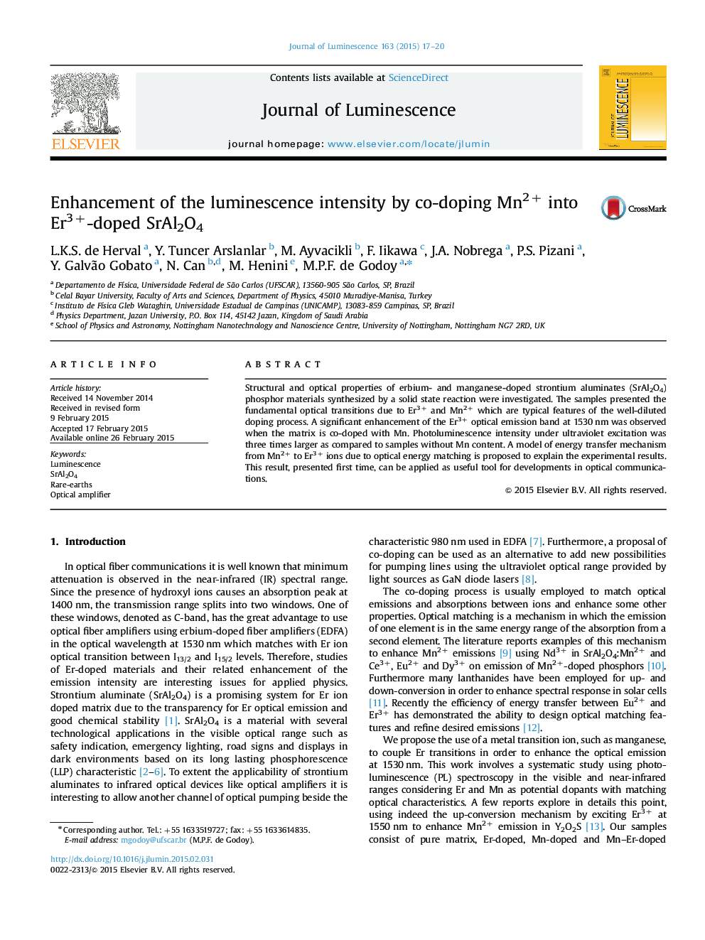 Enhancement of the luminescence intensity by co-doping Mn2+ into Er3+-doped SrAl2O4