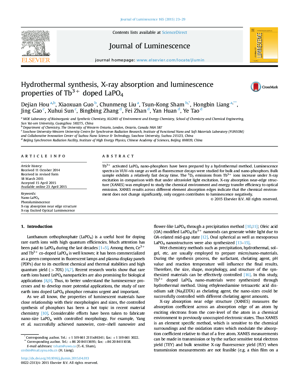 Hydrothermal synthesis, X-ray absorption and luminescence properties of Tb3+ doped LaPO4