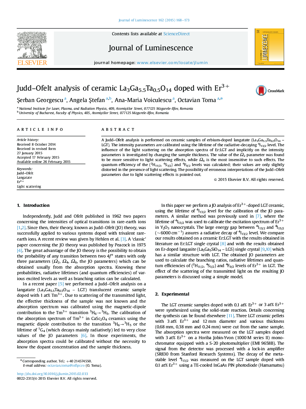 Judd-Ofelt analysis of ceramic La3Ga5.5Ta0.5O14 doped with Er3+