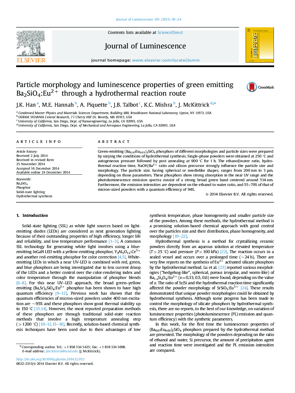 Particle morphology and luminescence properties of green emitting Ba2SiO4:Eu2+ through a hydrothermal reaction route