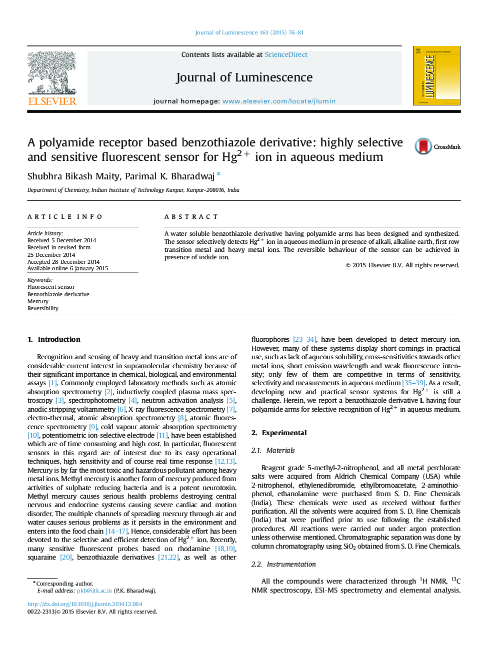 A polyamide receptor based benzothiazole derivative: highly selective and sensitive fluorescent sensor for Hg2+ ion in aqueous medium