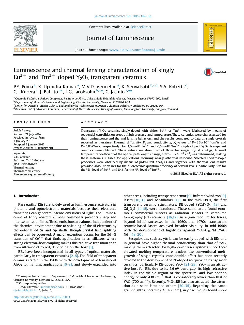 Luminescence and thermal lensing characterization of singly Eu3+ and Tm3+ doped Y2O3 transparent ceramics