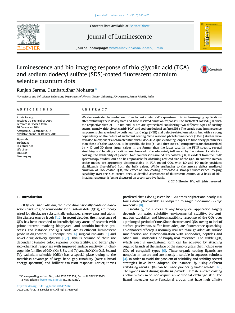 Luminescence and bio-imaging response of thio-glycolic acid (TGA) and sodium dodecyl sulfate (SDS)-coated fluorescent cadmium selenide quantum dots