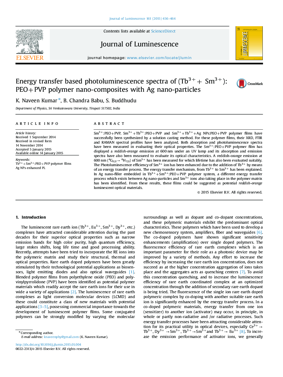 Energy transfer based photoluminescence spectra of (Tb3++ Sm3+):PEO+PVP polymer nano-composites with Ag nano-particles