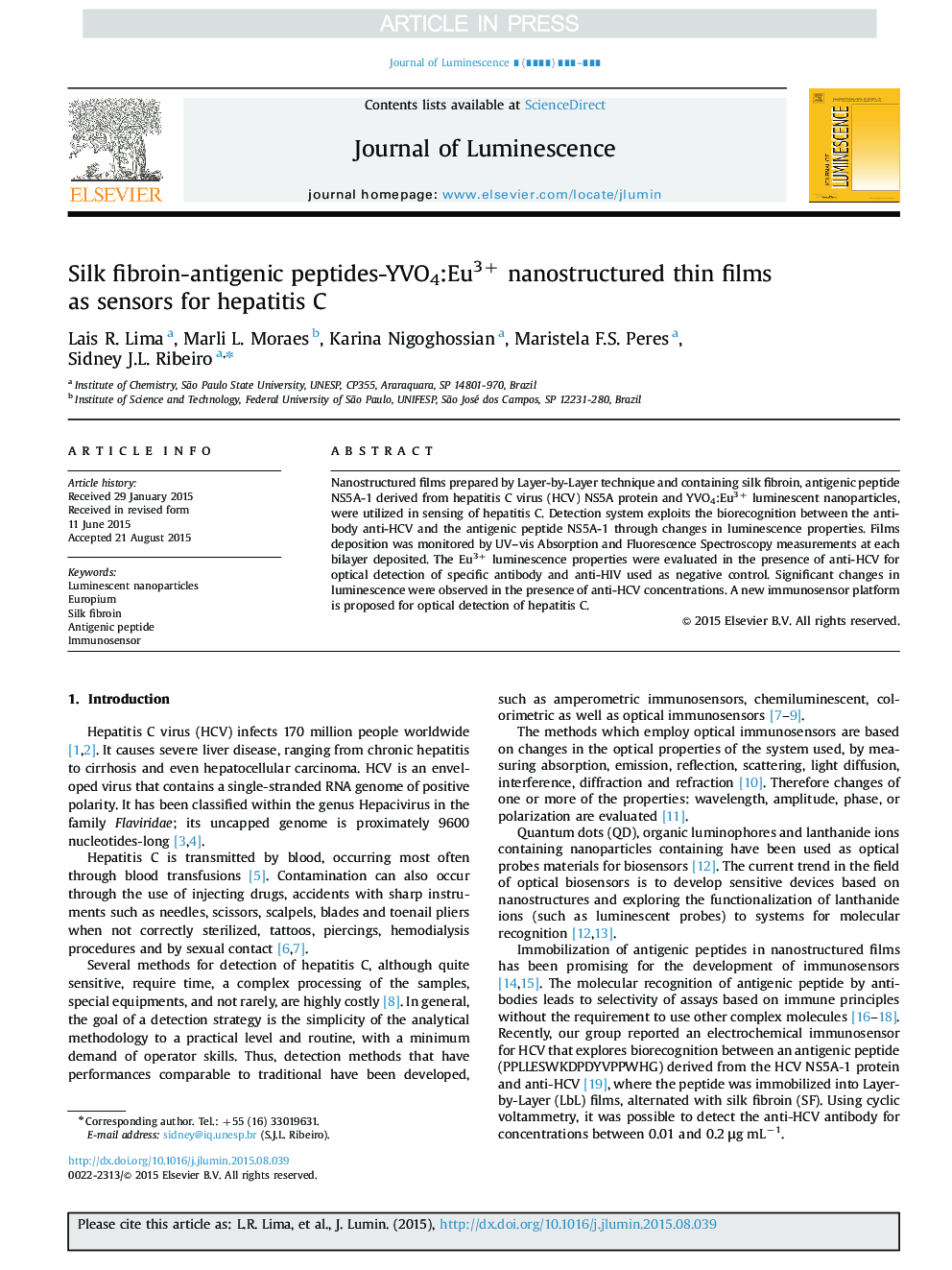 Silk fibroin-antigenic peptides-YVO4:Eu3+ nanostructured thin films as sensors for hepatitis C