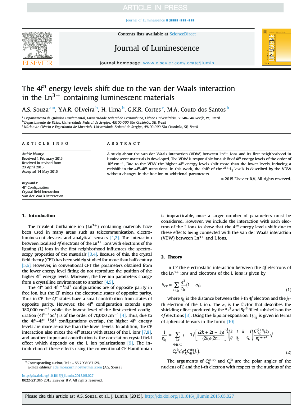 The 4fn energy levels shift due to the van der Waals interaction in the Ln3+ containing luminescent materials