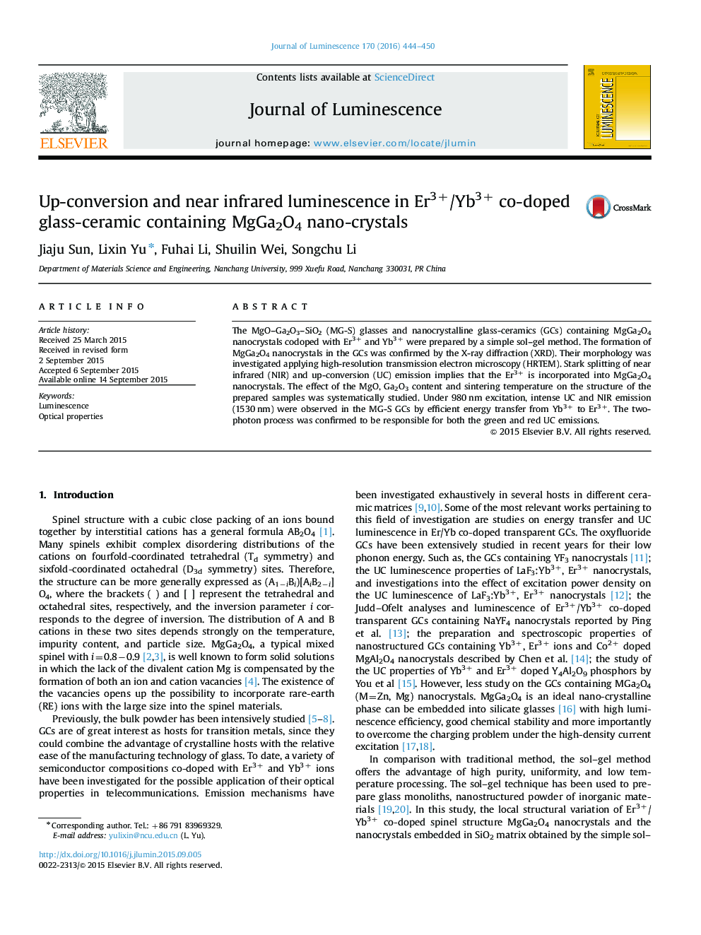 Up-conversion and near infrared luminescence in Er3+/Yb3+ co-doped glass-ceramic containing MgGa2O4 nano-crystals