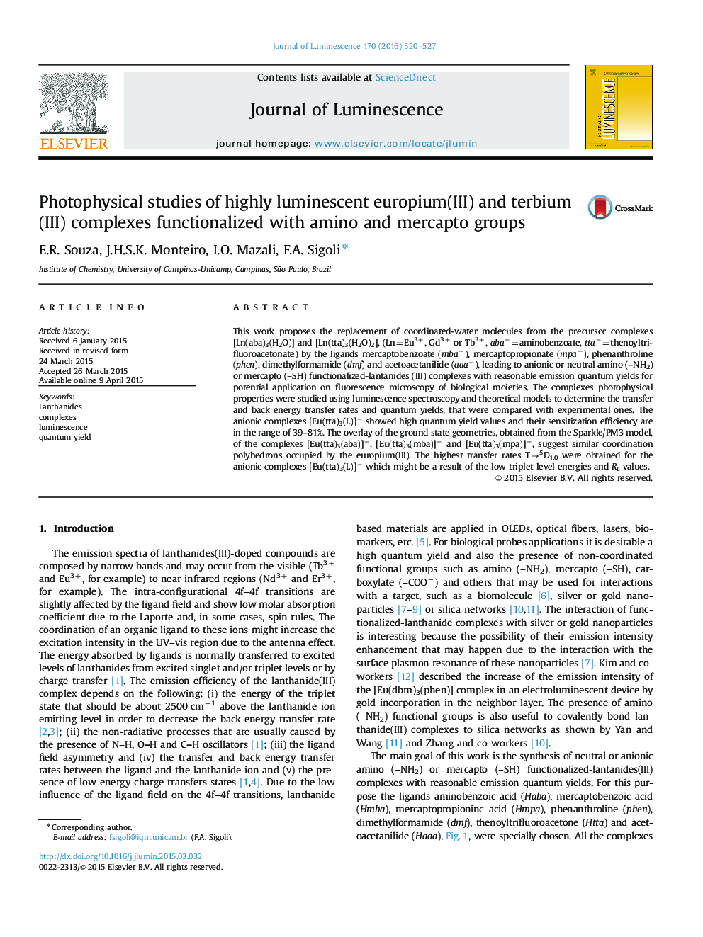 Photophysical studies of highly luminescent europium(III) and terbium(III) complexes functionalized with amino and mercapto groups