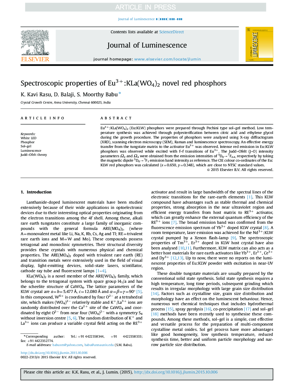 Spectroscopic properties of Eu3+:KLa(WO4)2 novel red phosphors