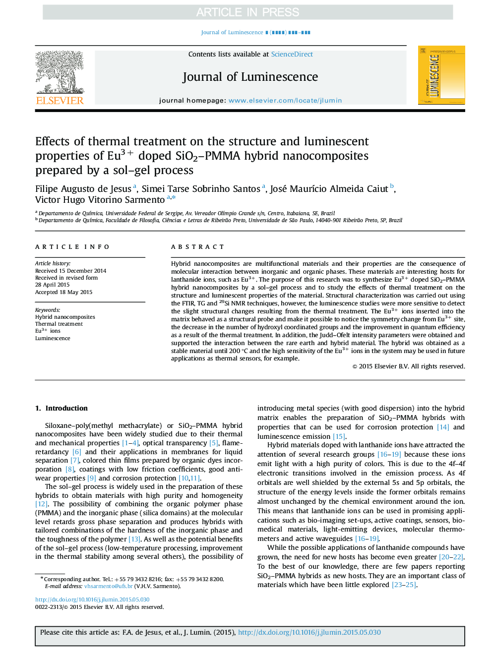 Effects of thermal treatment on the structure and luminescent properties of Eu3+ doped SiO2-PMMA hybrid nanocomposites prepared by a sol-gel process