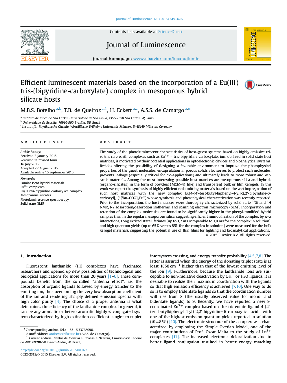 Efficient luminescent materials based on the incorporation of a Eu(III)tris-(bipyridine-carboxylate) complex in mesoporous hybrid silicate hosts