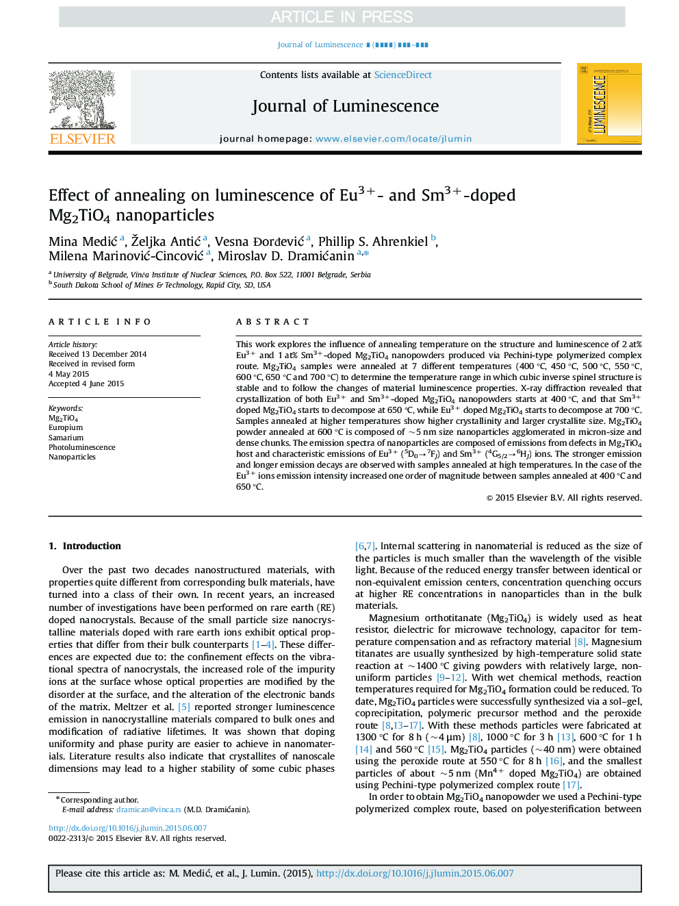 Effect of annealing on luminescence of Eu3+- and Sm3+-doped Mg2TiO4 nanoparticles