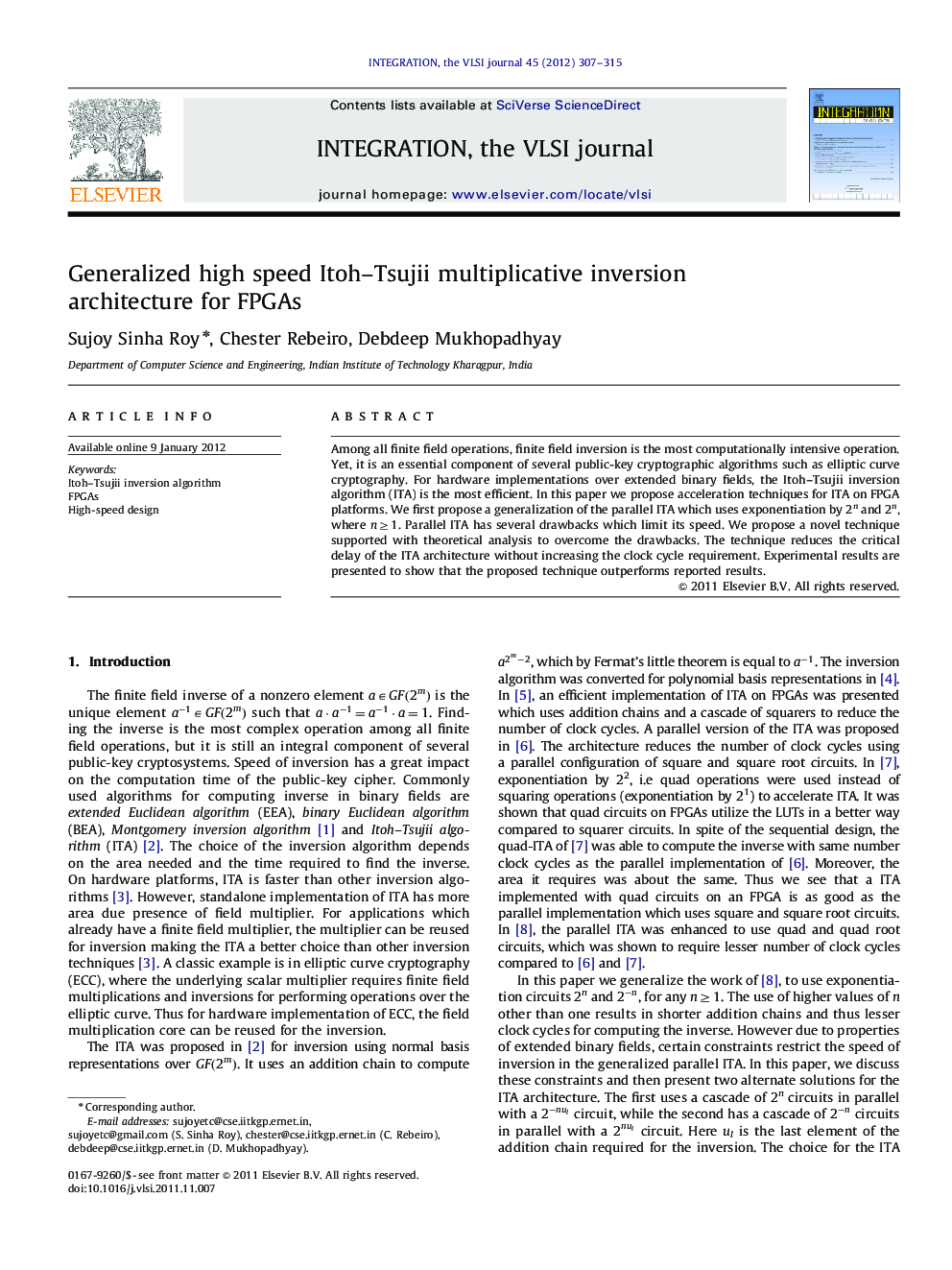 Generalized high speed Itoh–Tsujii multiplicative inversion architecture for FPGAs