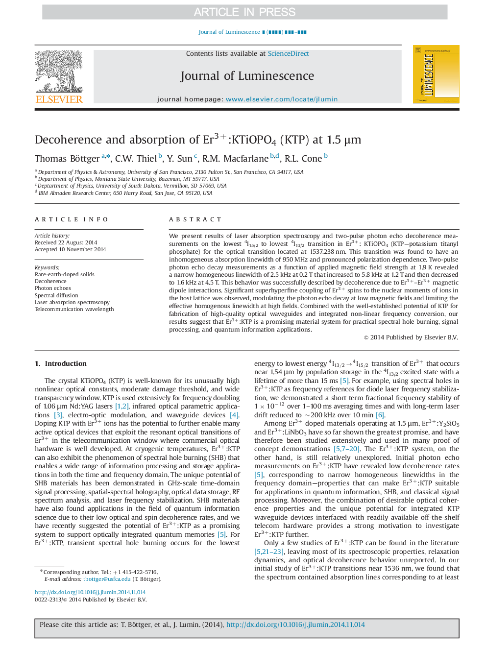 Decoherence and absorption of Er3+:KTiOPO4 (KTP) at 1.5Â Î¼m