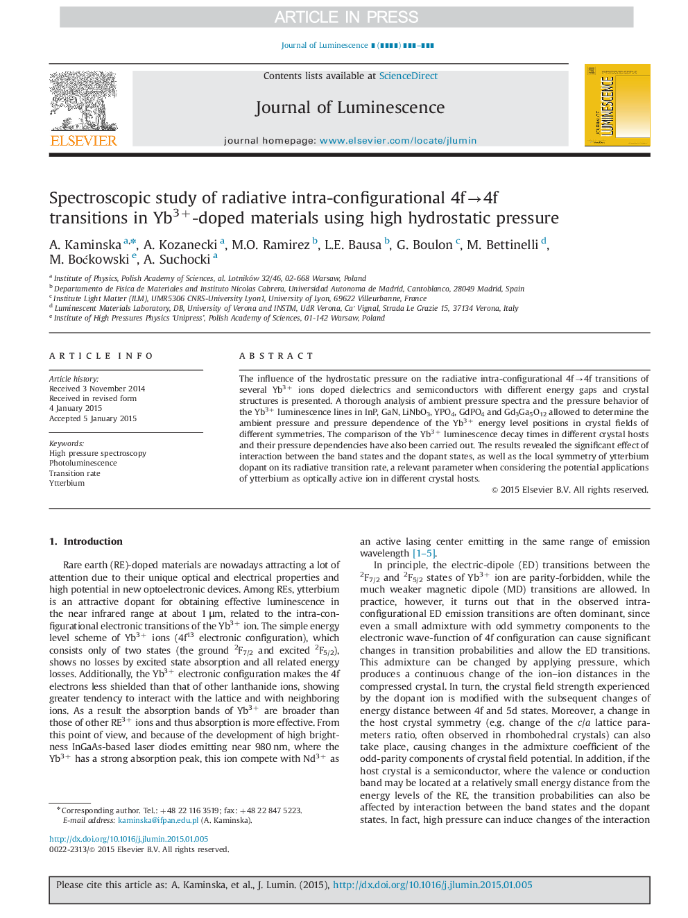 Spectroscopic study of radiative intra-configurational 4fâ4f transitions in Yb3+-doped materials using high hydrostatic pressure