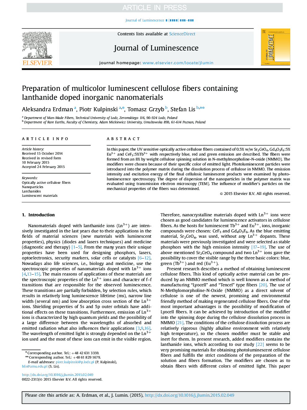 Preparation of multicolor luminescent cellulose fibers containing lanthanide doped inorganic nanomaterials