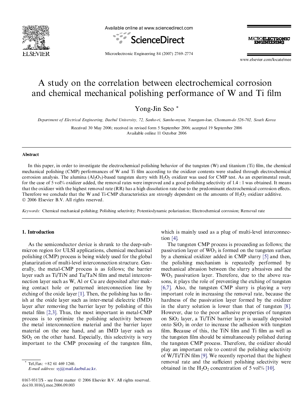 A study on the correlation between electrochemical corrosion and chemical mechanical polishing performance of W and Ti film