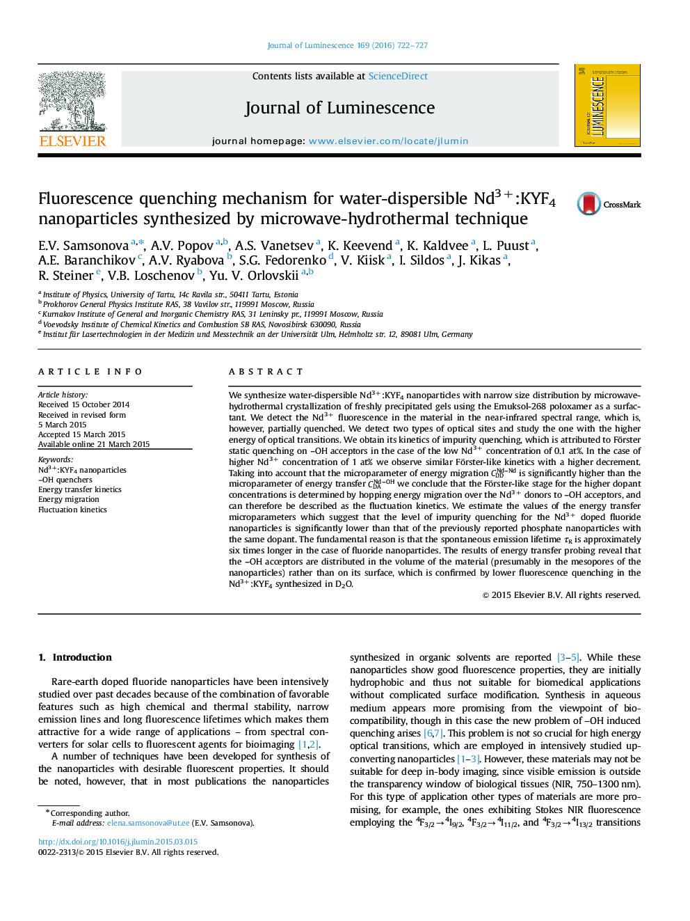 Fluorescence quenching mechanism for water-dispersible Nd3+:KYF4 nanoparticles synthesized by microwave-hydrothermal technique