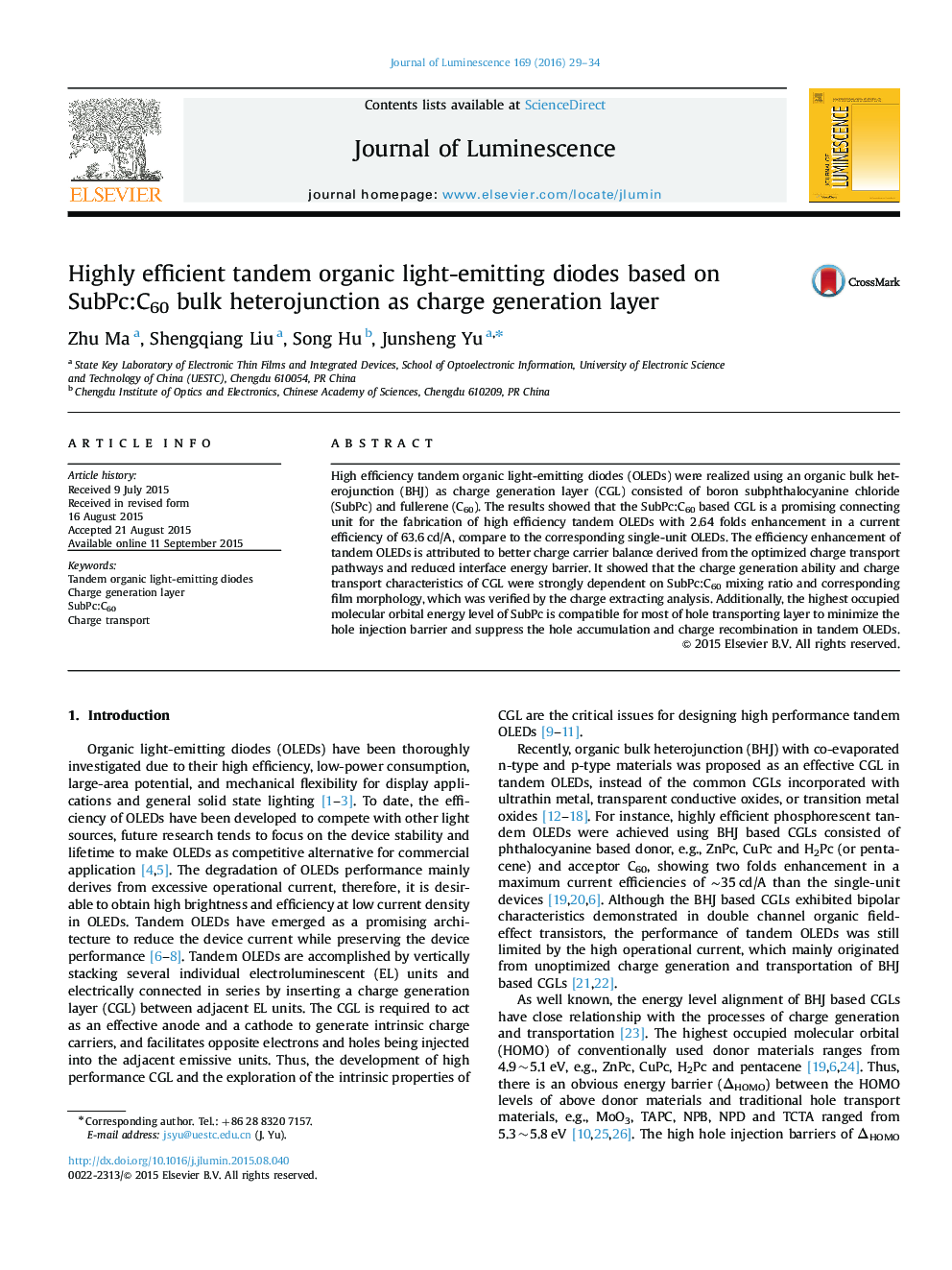 Highly efficient tandem organic light-emitting diodes based on SubPc:C60 bulk heterojunction as charge generation layer