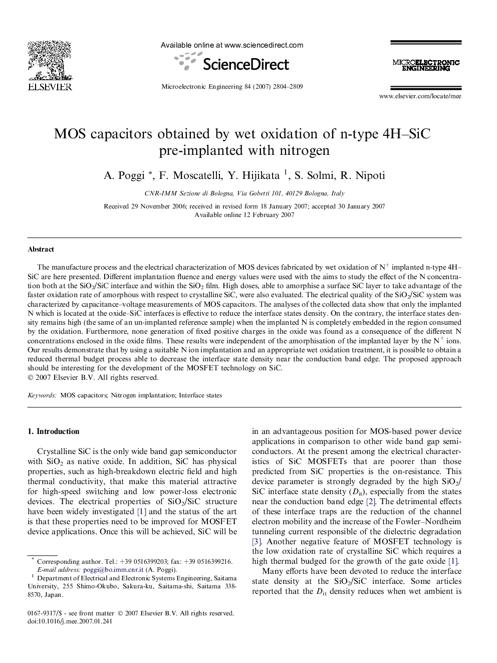 MOS capacitors obtained by wet oxidation of n-type 4H–SiC pre-implanted with nitrogen