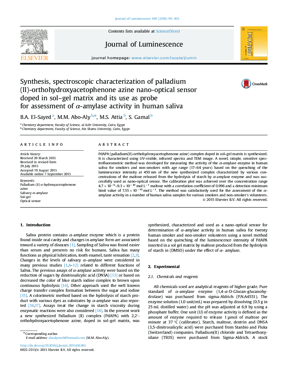 Synthesis, spectroscopic characterization of palladium(II)-orthohydroxyacetophenone azine nano-optical sensor doped in sol-gel matrix and its use as probe for assessment of Î±-amylase activity in human saliva