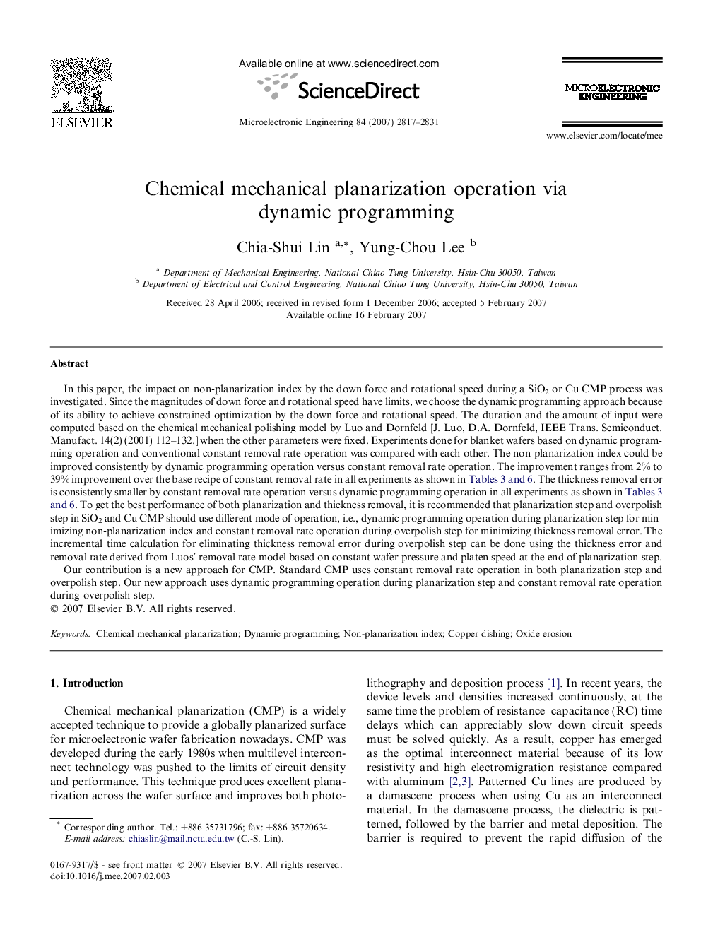 Chemical mechanical planarization operation via dynamic programming