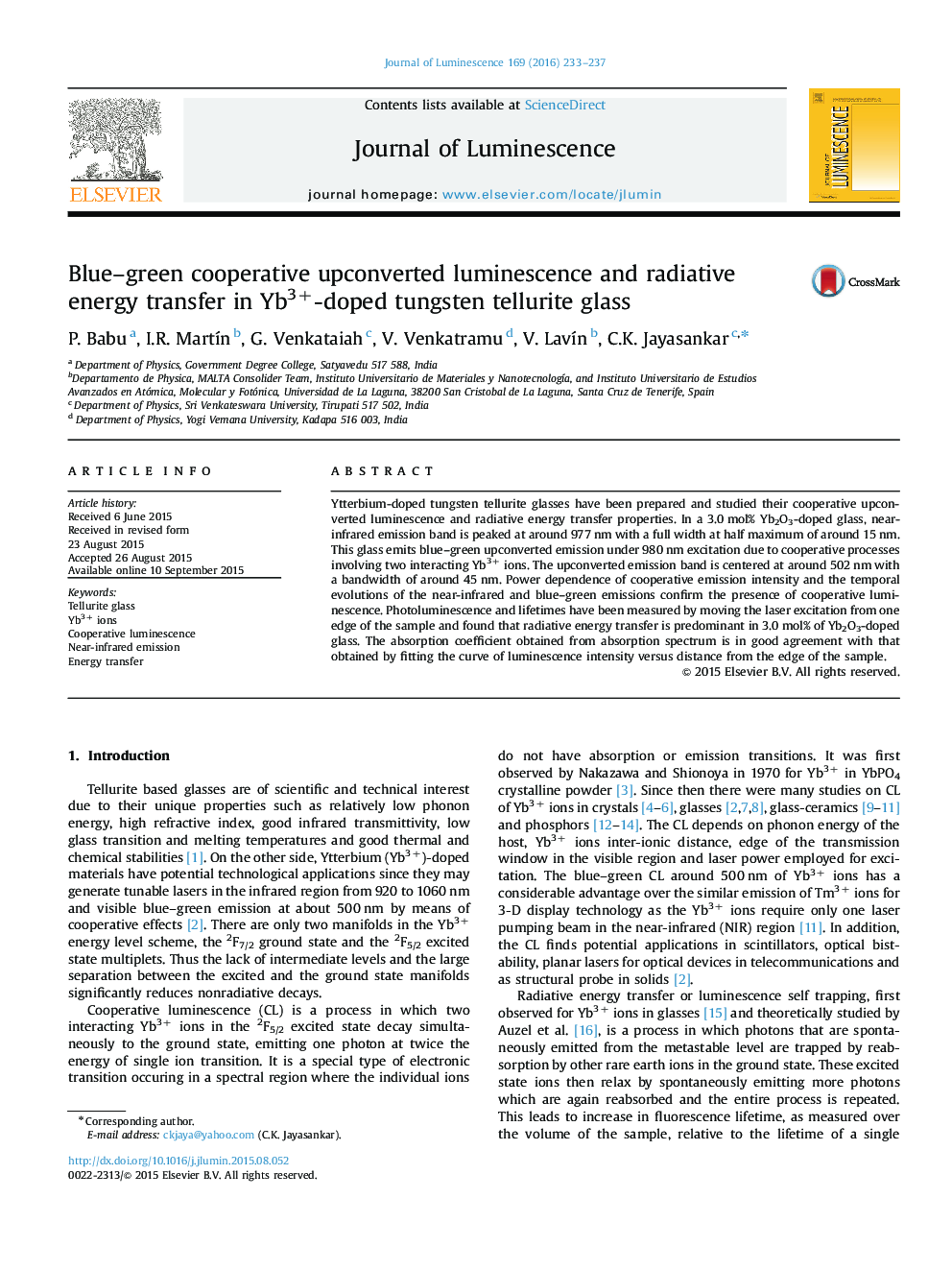 Blue-green cooperative upconverted luminescence and radiative energy transfer in Yb3+-doped tungsten tellurite glass