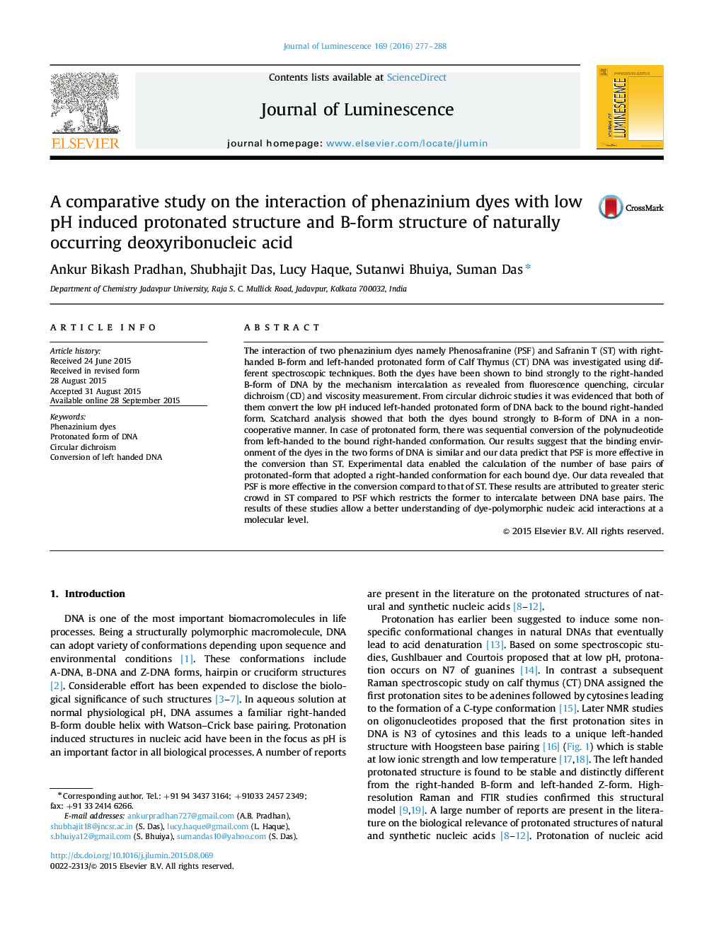 A comparative study on the interaction of phenazinium dyes with low pH induced protonated structure and B-form structure of naturally occurring deoxyribonucleic acid