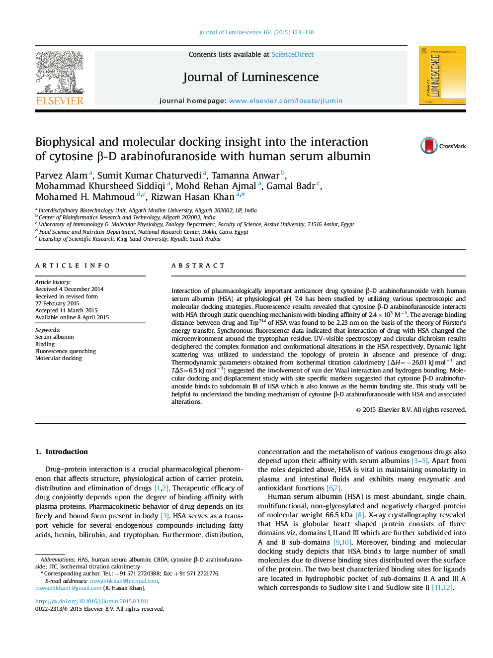 Biophysical and molecular docking insight into the interaction of cytosine Î²-D arabinofuranoside with human serum albumin