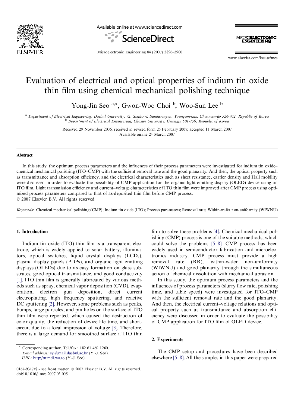 Evaluation of electrical and optical properties of indium tin oxide thin film using chemical mechanical polishing technique
