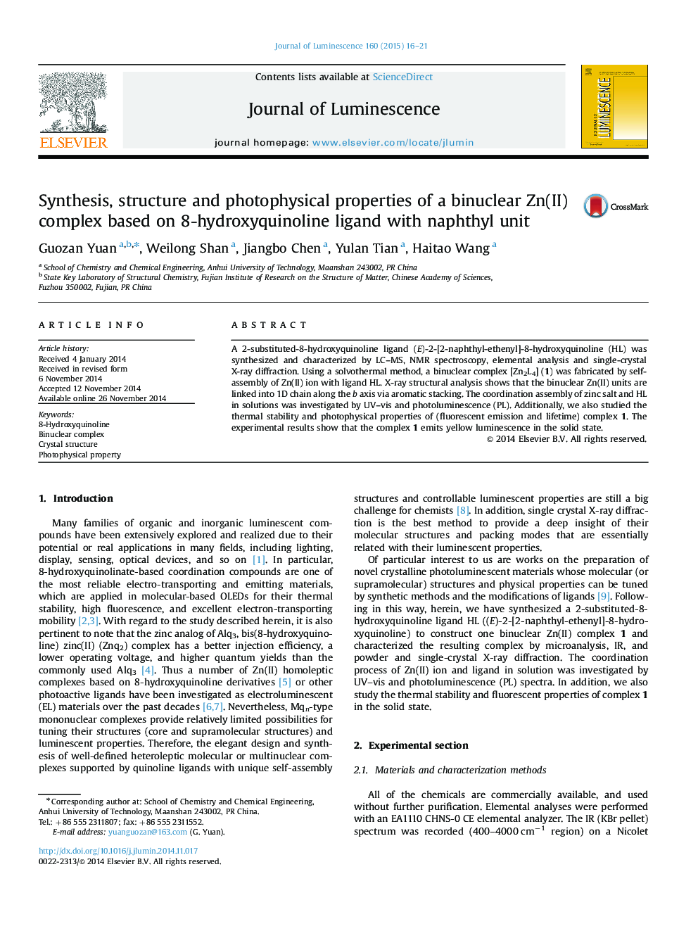 Synthesis, structure and photophysical properties of a binuclear Zn(II) complex based on 8-hydroxyquinoline ligand with naphthyl unit