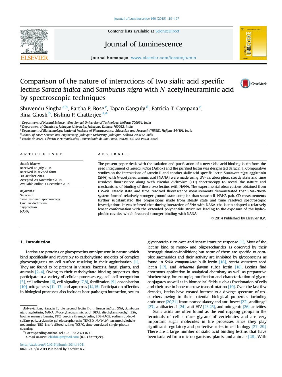 Comparison of the nature of interactions of two sialic acid specific lectins Saraca indica and Sambucus nigra with N-acetylneuraminic acid by spectroscopic techniques