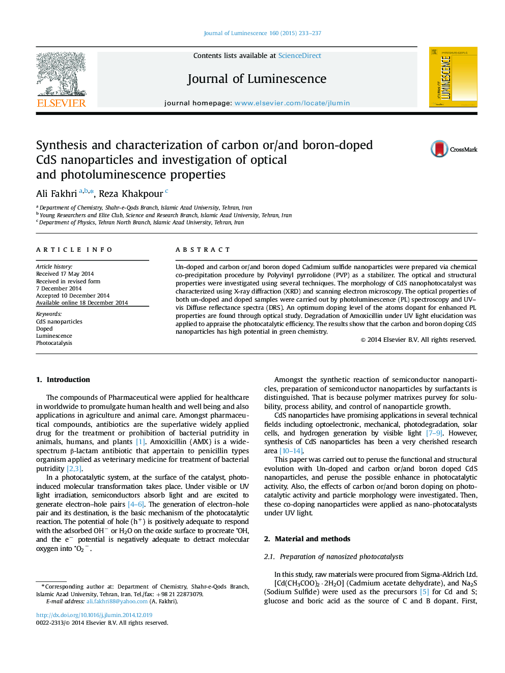 Synthesis and characterization of carbon or/and boron-doped CdS nanoparticles and investigation of optical and photoluminescence properties