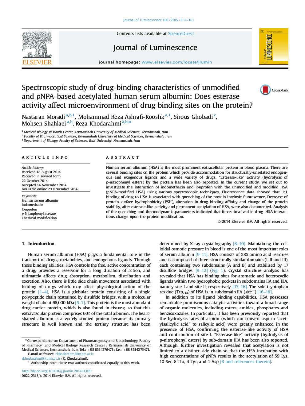 Spectroscopic study of drug-binding characteristics of unmodified and pNPA-based acetylated human serum albumin: Does esterase activity affect microenvironment of drug binding sites on the protein?