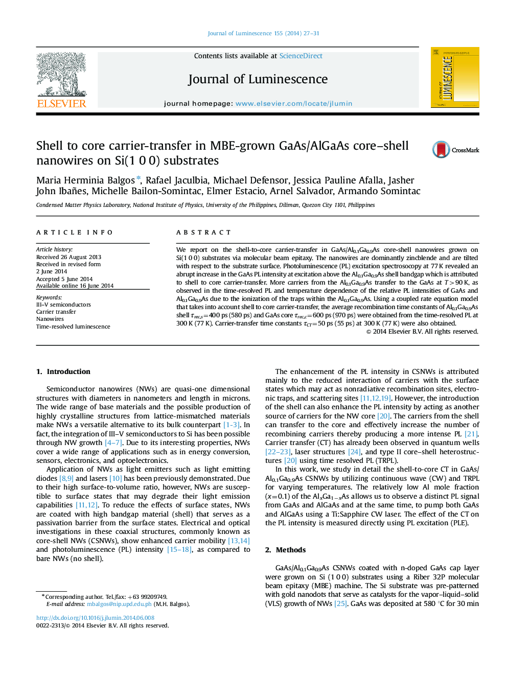 Shell to core carrier-transfer in MBE-grown GaAs/AlGaAs core-shell nanowires on Si(1Â 0Â 0) substrates