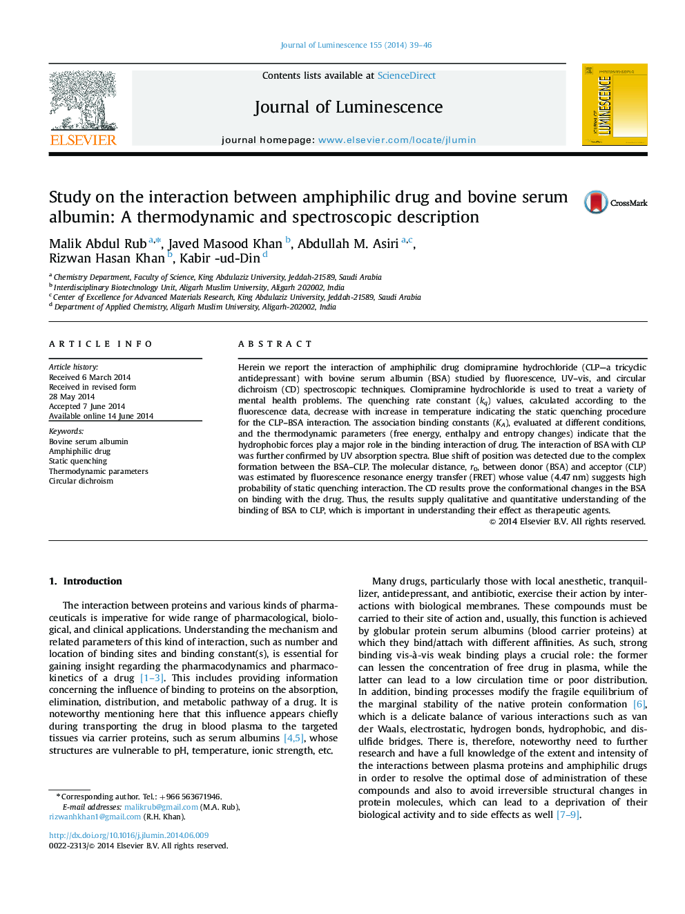 Study on the interaction between amphiphilic drug and bovine serum albumin: A thermodynamic and spectroscopic description