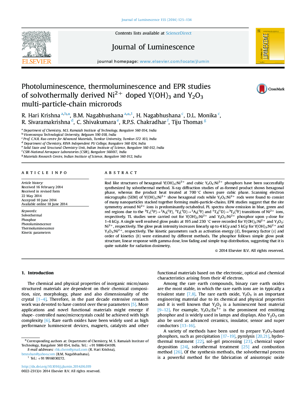 Photoluminescence, thermoluminescence and EPR studies of solvothermally derived Ni2+ doped Y(OH)3 and Y2O3 multi-particle-chain microrods