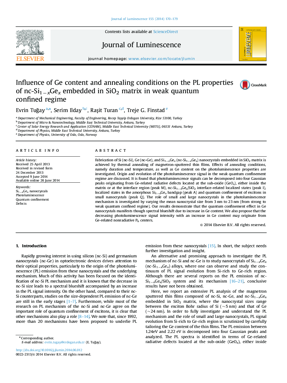 Influence of Ge content and annealing conditions on the PL properties of nc-Si1âxGex embedded in SiO2 matrix in weak quantum confined regime