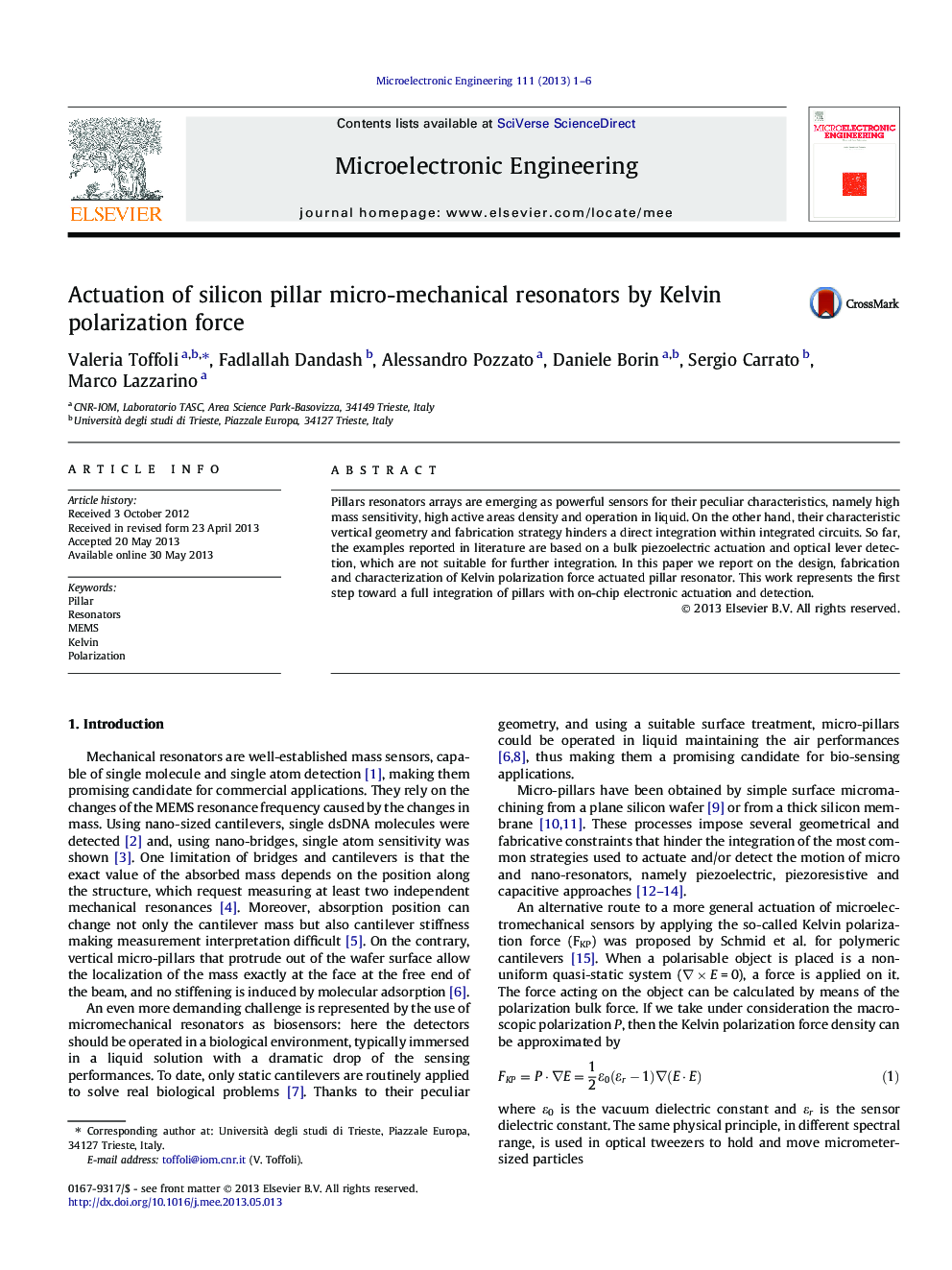 Actuation of silicon pillar micro-mechanical resonators by Kelvin polarization force