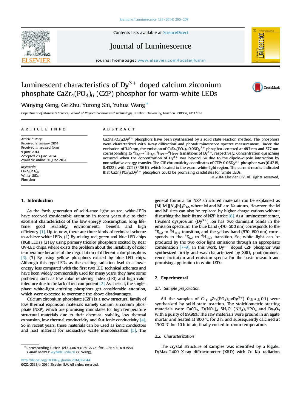 Luminescent characteristics of Dy3+ doped calcium zirconium phosphate CaZr4(PO4)6 (CZP) phosphor for warm-white LEDs