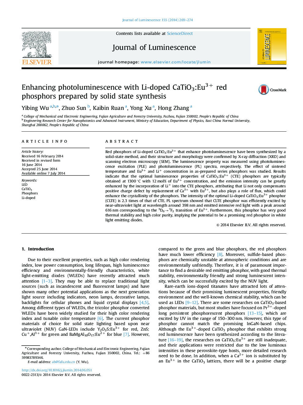 Enhancing photoluminescence with Li-doped CaTiO3:Eu3+ red phosphors prepared by solid state synthesis