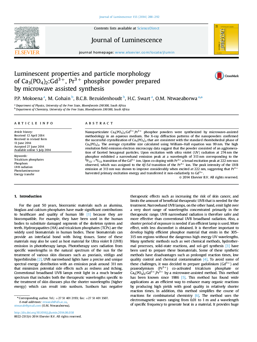 Luminescent properties and particle morphology of Ca3(PO4)2:Gd3+, Pr3+ phosphor powder prepared by microwave assisted synthesis