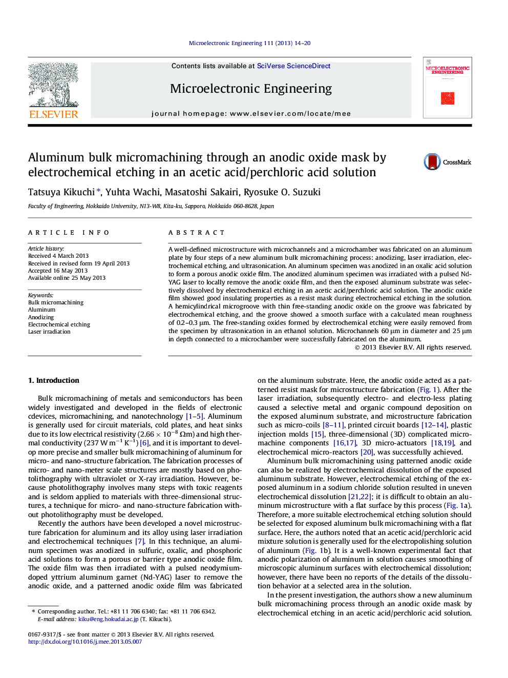 Aluminum bulk micromachining through an anodic oxide mask by electrochemical etching in an acetic acid/perchloric acid solution