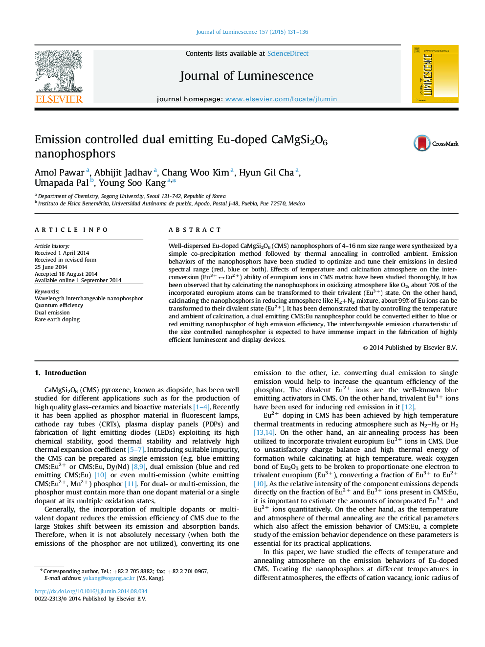 Emission controlled dual emitting Eu-doped CaMgSi2O6 nanophosphors