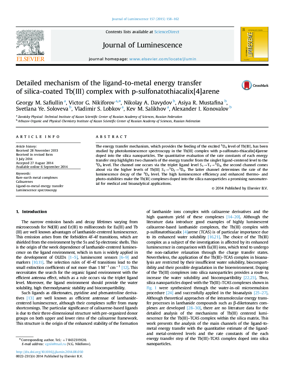 Detailed mechanism of the ligand-to-metal energy transfer of silica-coated Tb(III) complex with p-sulfonatothiacalix[4]arene