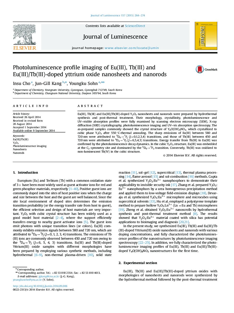 عکس صفحه اول مقاله: Photoluminescence profile imaging of Eu(III), Tb(III) and Eu(III)/Tb(III)-doped yttrium oxide nanosheets and nanorods Photoluminescence profile imaging of Eu(III), Tb(III) and Eu(III)/Tb(III)-doped yttrium oxide nanosheets and nanorods