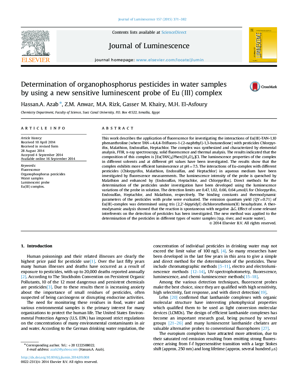 Determination of organophosphorus pesticides in water samples by using a new sensitive luminescent probe of Eu (III) complex