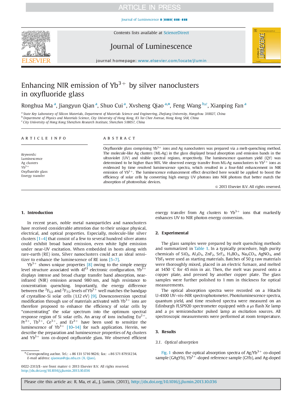 Enhancing NIR emission of Yb3+ by silver nanoclusters in oxyfluoride glass